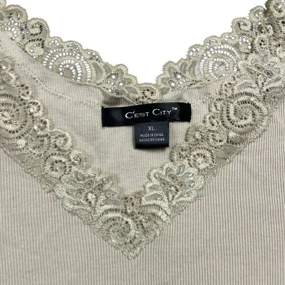 Vtg Y2K Lace Trimmed Tank Top Womens Sz XL Beige Fairycore Beaded Coquette Fairy - Picture 9 of 13